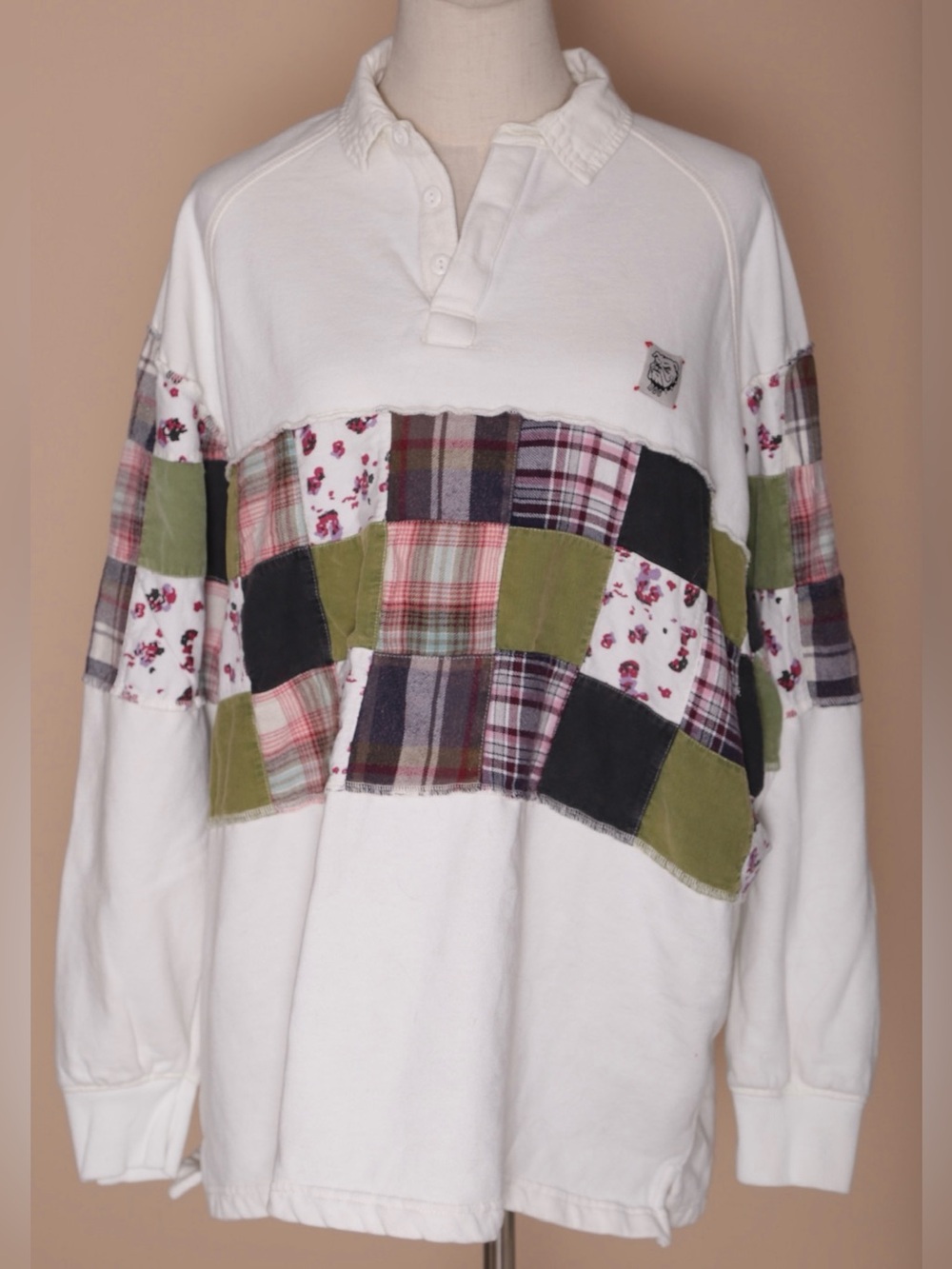 BDG Patchwork Plaid Oversized Rugby Shirt Cream Medium - Picture 2 of 6